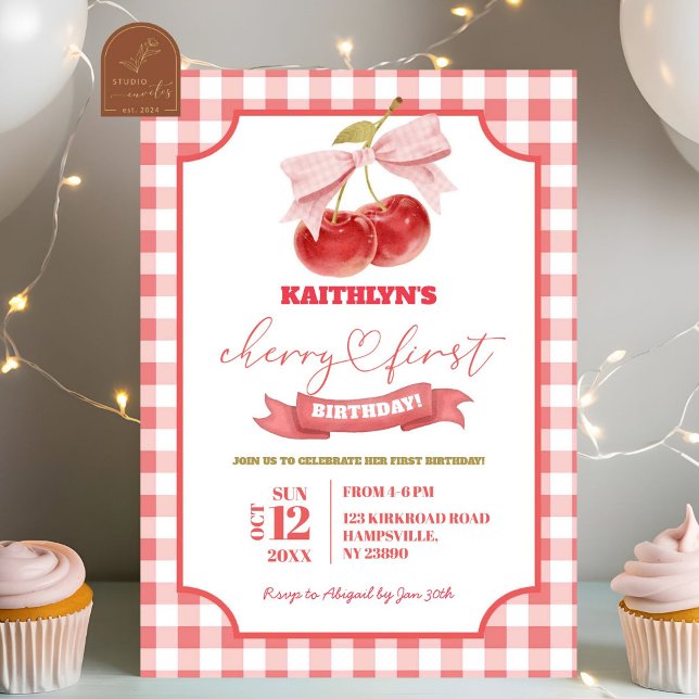 Invitation Preppy Coquette Cherry sur le dessus premier anniv (Créateur téléchargé)