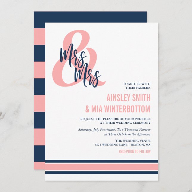 Invitation Preppy Coral & Navy Mme & Mme Mariage (Devant / Derrière)
