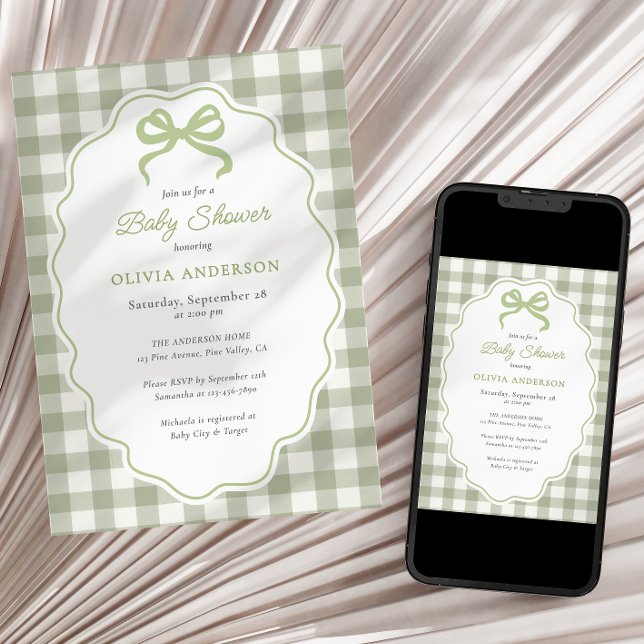 Invitation Preppy Doodle Frame Green Gingham Bow Baby Shower (Créateur téléchargé)