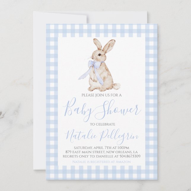 Invitation Préppy En vichy Baby shower de lapin bleu sud (Devant)