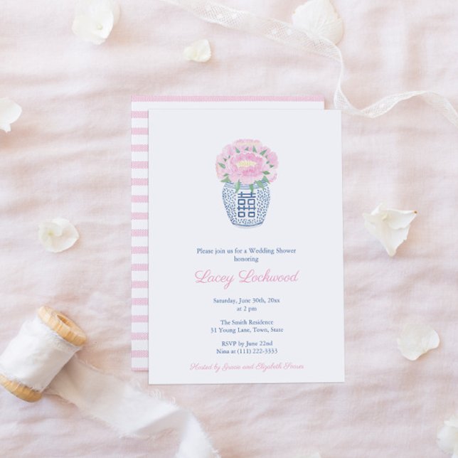 Invitation Preppy Ginger Jar Pink Peonies Baby shower fille (Pretty Invitation Featuring A Ginger Jar Vase Filled With Pink Peonies & A Pink White Stripe Backer)