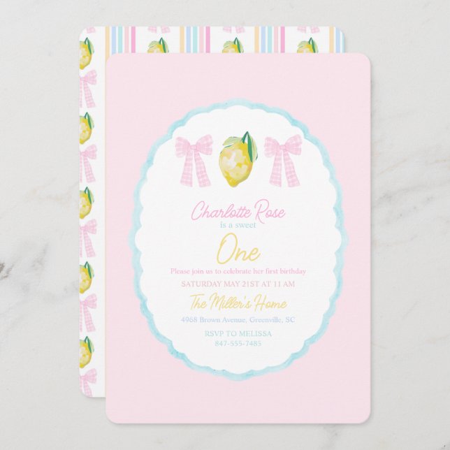 Invitation Preppy Girls Summer Lemon Premier anniversaire (Devant / Derrière)