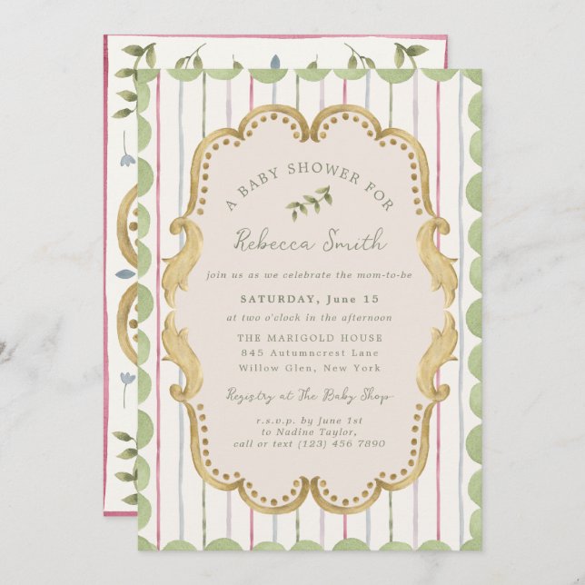 Invitation Preppy Grandmillennial Botanical Frame Baby Shower (Devant / Derrière)