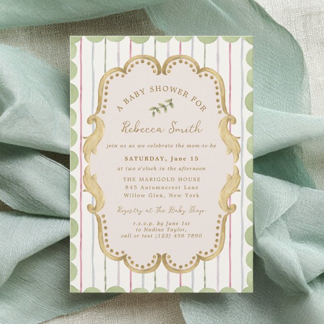 Invitation Preppy Grandmillennial Botanical Frame Baby Shower (Créateur téléchargé)