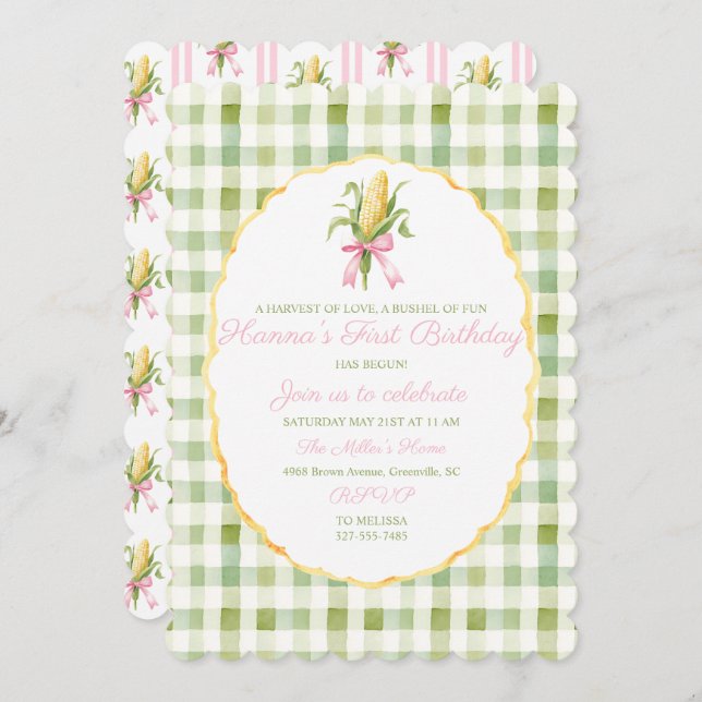 Invitation Preppy Grandmillennial Corn Harvest Premier annive (Devant / Derrière)