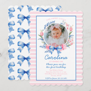 Invitation Preppy Grandmillennial Preppy Floral Blue Bows