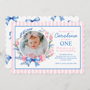 Invitation Preppy Grandmillennial Preppy Floral Blue Bows