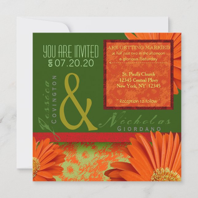 Invitation Préppy Green Orange Gerbera Mariage Floral Invite (Devant)