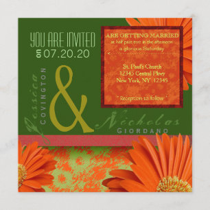Invitation Préppy Green Orange Gerbera Mariage Floral Invite