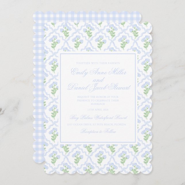 Invitation Preppy Hydrangea Watercolor Trellis Mariage (Devant / Derrière)