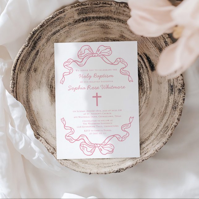 Invitation Preppy Modern Pink Gingham Bow Baptism (Créateur téléchargé)