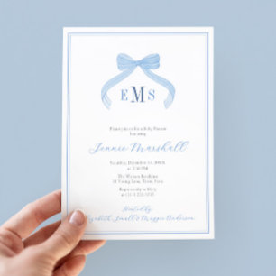 Invitation Preppy Monogram Blue Bow Boy Baby shower Party