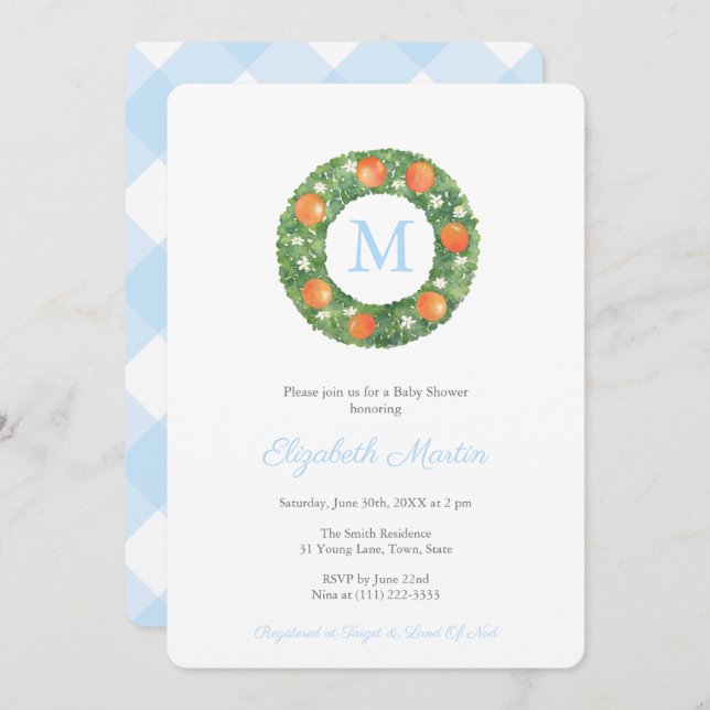 Invitation Preppy Monogram Boxwood Wreath Baby shower Party (Devant / Derrière)