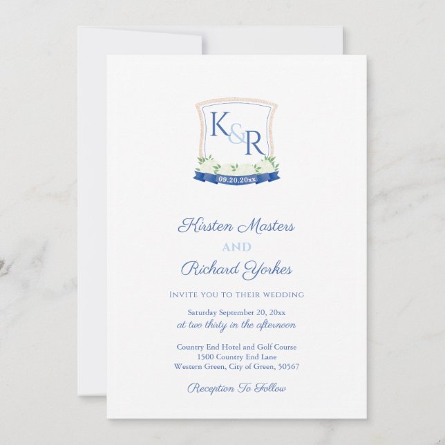 Invitation Preppy Nautical Bleu Monogram Crest Mariage (Devant)