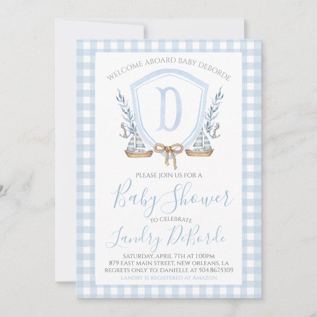 Invitation Preppy Nautical Blue Sailboat Baby shower (Devant)