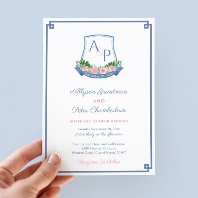 Invitation Preppy Navy et Pink Monogram Crest Mariage (Hand-painted in watercolor navy blue and bold pink roses monogram wedding crest save the date card)