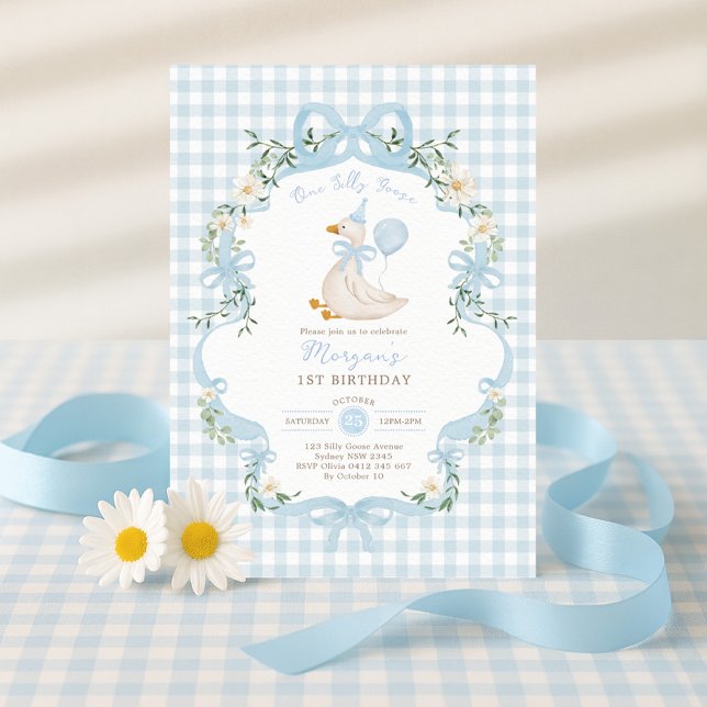 Invitation Preppy One Silly Goose Blue Bow 1er anniversaire (Créateur téléchargé)