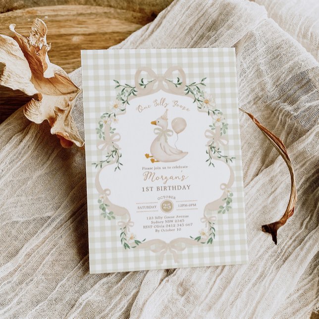 Invitation Preppy One Silly Goose Neutral Bow 1er Anniversair (Créateur téléchargé)