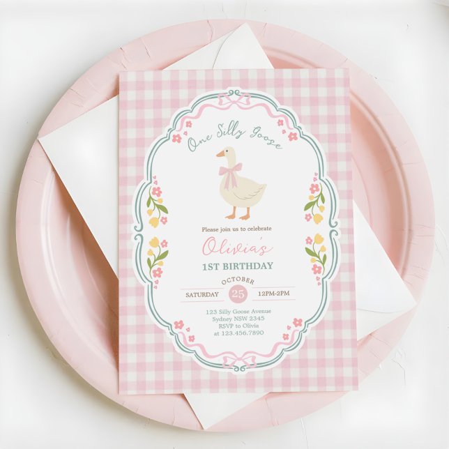 Invitation Preppy One Silly Goose Rose Ruban Fille 1er Annive (Créateur téléchargé)