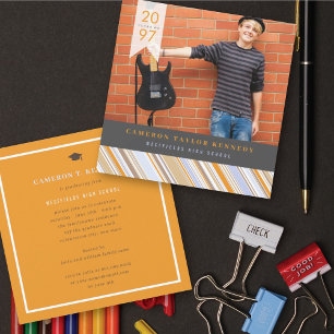 Invitation Preppy Orange Pin Stripes Photo Graduation Party
