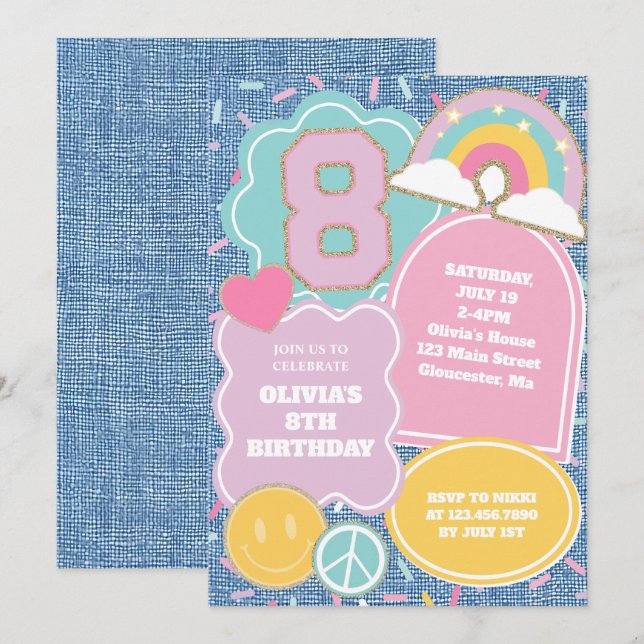Invitation Preppy Patch denim 8th Birthday (Devant / Derrière)