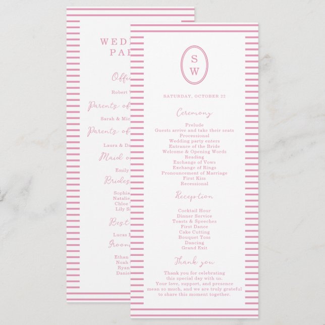Invitation Preppy Peony Pink Chic Wedding Program Card (Devant / Derrière)