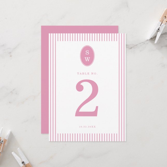 Invitation Preppy Peony Pink Chic Wedding Table Number Card (Devant/Arrière en situation)