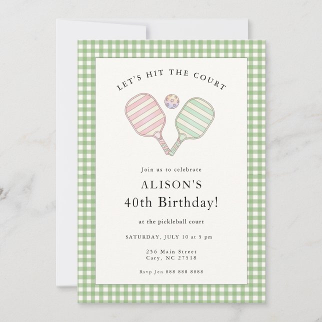 Invitation Preppy Pink and Green Pickleball Birthday party  (Devant)