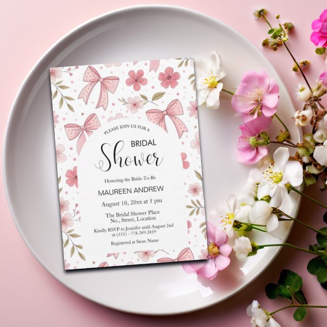 Invitation Preppy Pink Bow et Fête des mariées florale (Créateur téléchargé)
