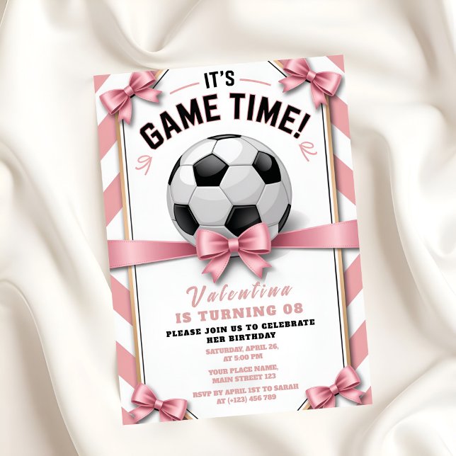Invitation Preppy Pink Bow Girl Soccer Game Time Birthday (Créateur téléchargé)