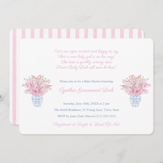 Invitation Preppy Pink Et Blue Little Girl Baby shower Party (Devant / Derrière)