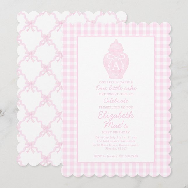 Invitation Preppy Pink Ginger Jar Monogramme Premier annivers (Devant / Derrière)