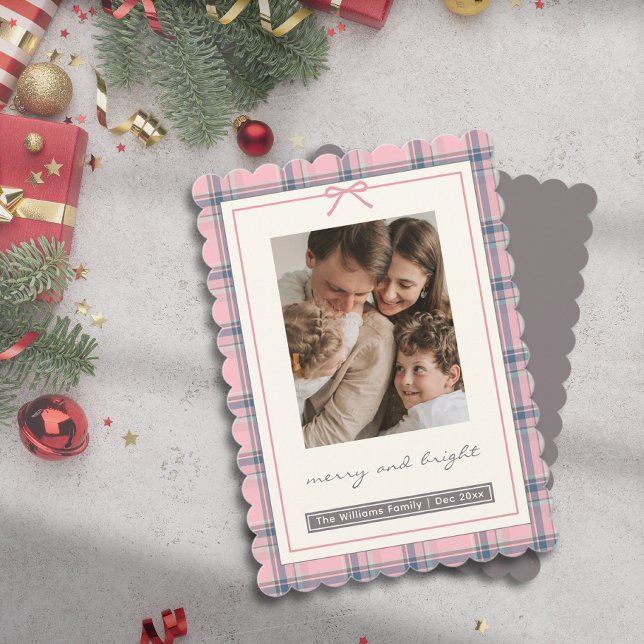 Invitation Preppy Pink Plaid Bow Family Photo Holiday Card (Preppy Pink Plaid Bow Family Photo Holiday Card)