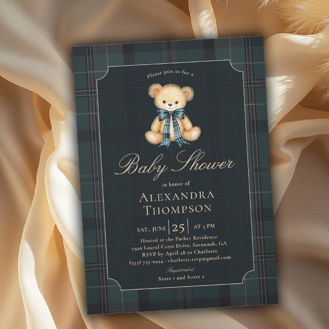 Invitation Preppy Plaid Tartan Teddy Bear Bow Boy Baby Shower (preppy baby shower invitation teddy bear tartan plaid bow elegant country club modern classic chic)