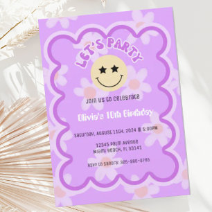 Invitation Preppy Purple Daisy Y2K Joyeux Visage Fête Anniver