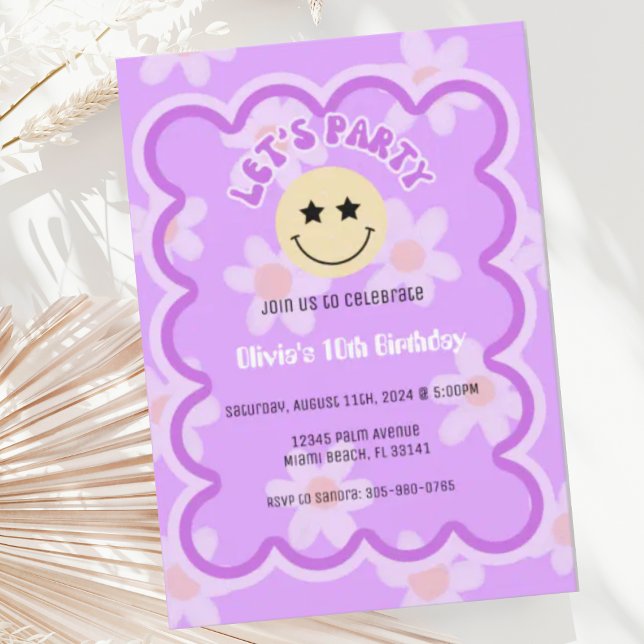 Invitation Preppy Purple Daisy Y2K Joyeux Visage Fête Anniver (Créateur téléchargé)