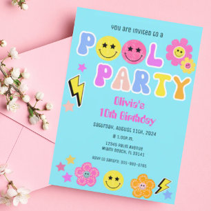 Invitation Preppy Retro Y2K Pool Party Joyeux visage Annivers