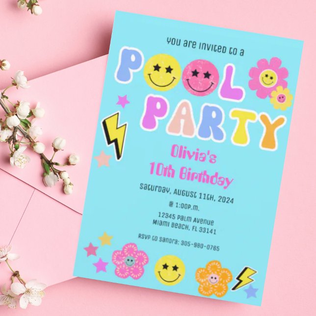 Invitation Preppy Retro Y2K Pool Party Joyeux visage Annivers (Créateur téléchargé)
