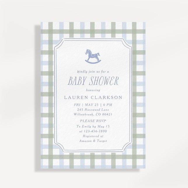 Invitation Preppy Rocking Horse Blue and Sage Plaid Baby Show (Créateur téléchargé)