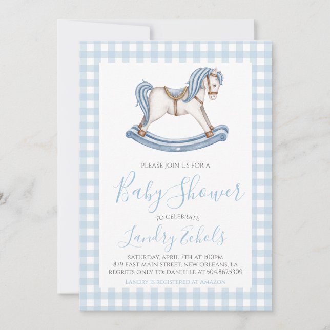 Invitation Preppy Rocking Horse Blue Boy Baby shower (Devant)