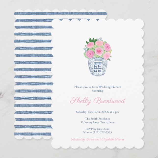 Invitation Preppy Roses de la marine rose Chinoiserie Wedding (Devant / Derrière)