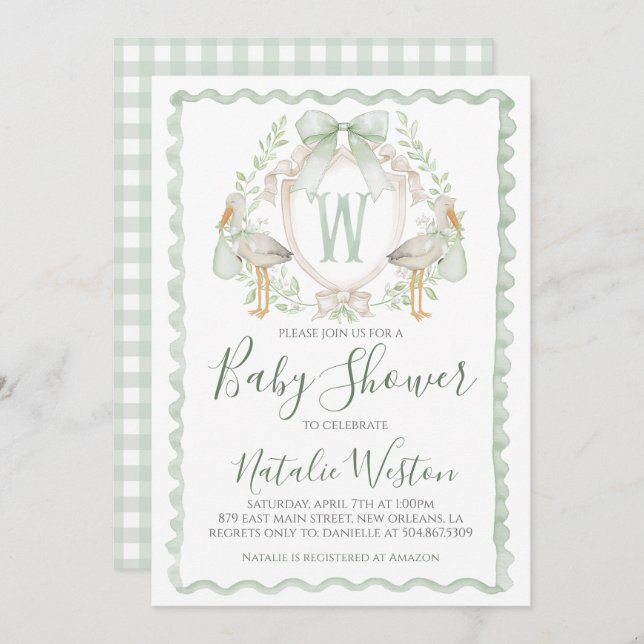 Invitation Preppy Sage Green Stork Baby shower garçon (Devant / Derrière)