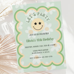 Invitation Preppy Sage Green Y2K Joyeux Visage fête Anniversa