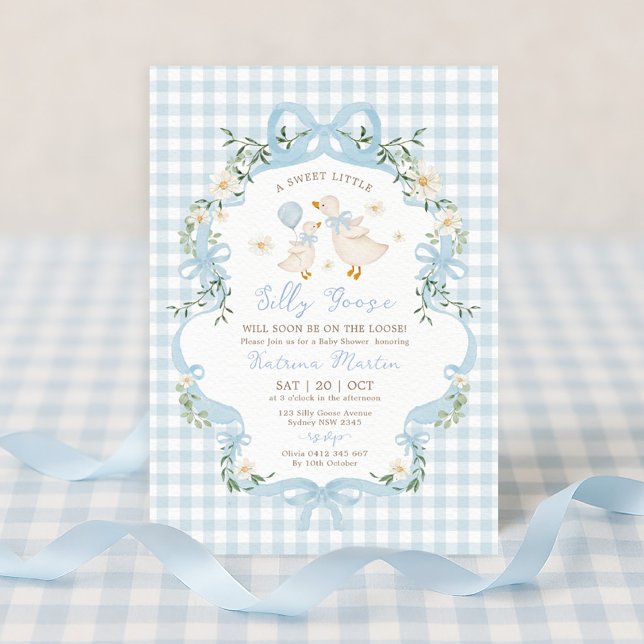 Invitation Preppy Silly Goose Blue Bow Boy Baby shower (Créateur téléchargé)