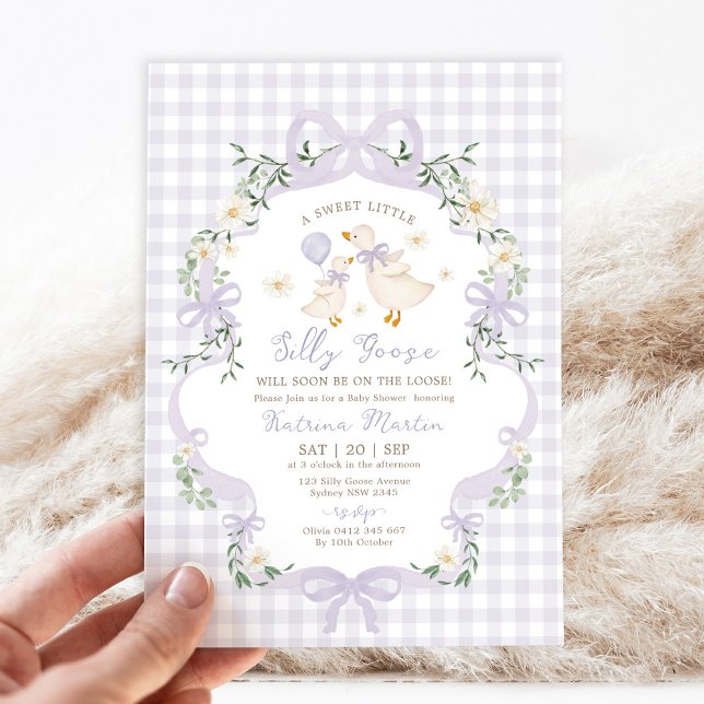 Invitation Preppy Silly Goose Purple Bow Girl Baby Shower (Créateur téléchargé)