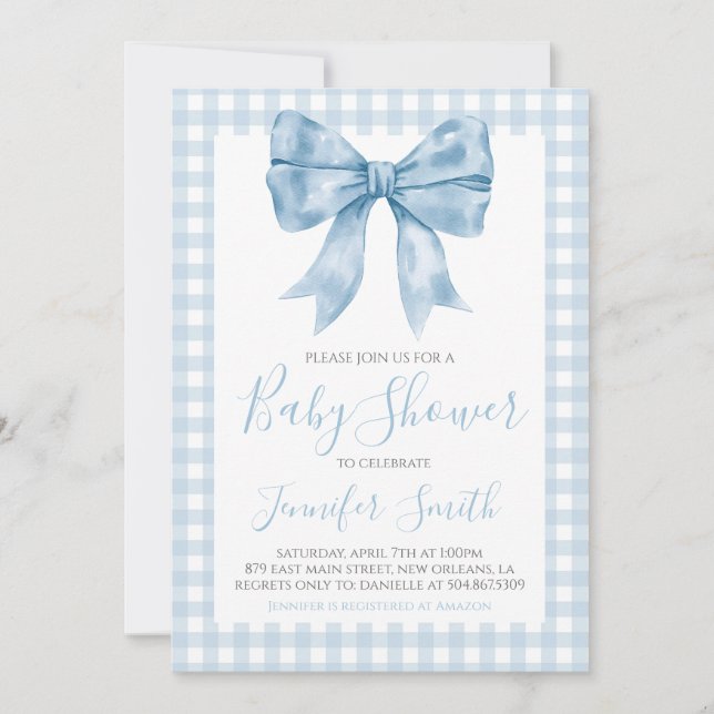 Invitation Préppy Southern Blue Bow Boy Baby shower (Devant)