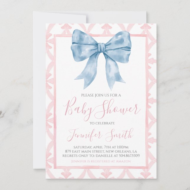 Invitation Preppy Southern Blue Bow Girl Baby shower (Devant)