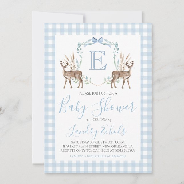 Invitation Preppy Southern Blue Boy Deer Hunter Baby shower (Devant)