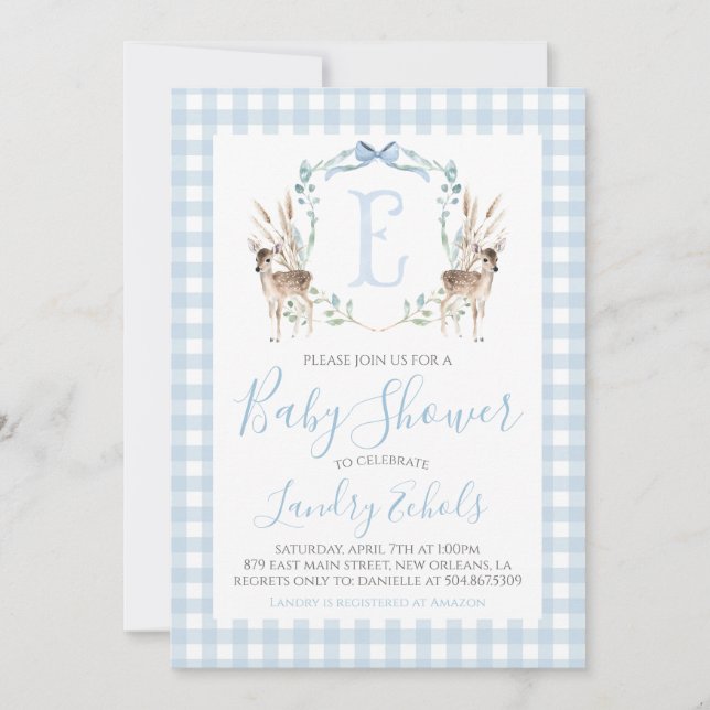 Invitation Preppy Southern Blue Boy Deer Hunter Baby shower (Devant)
