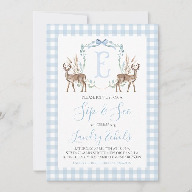 Invitation Preppy Southern Blue Boy Deer Hunter Sip et Voir (Devant)